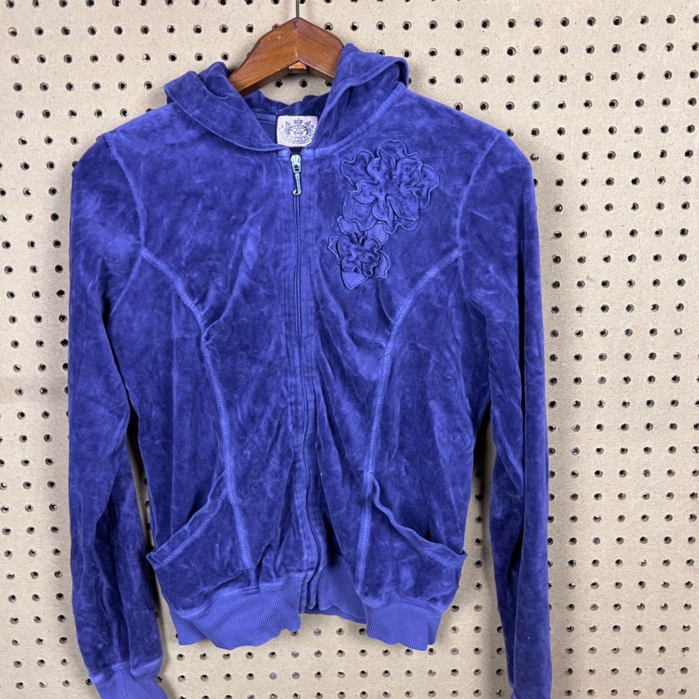 VINTAGE Juicy Couture Deep Purple Velour Hoodie Flowers Y2K‎